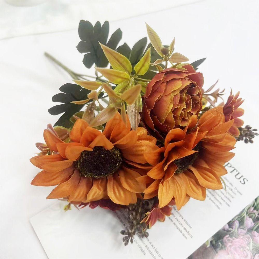 Multicolor Sunflower Artificial Flower Green Leaves DIY Faux Daisy Peony Flower Photo Props Accessories Simulation Sunflower