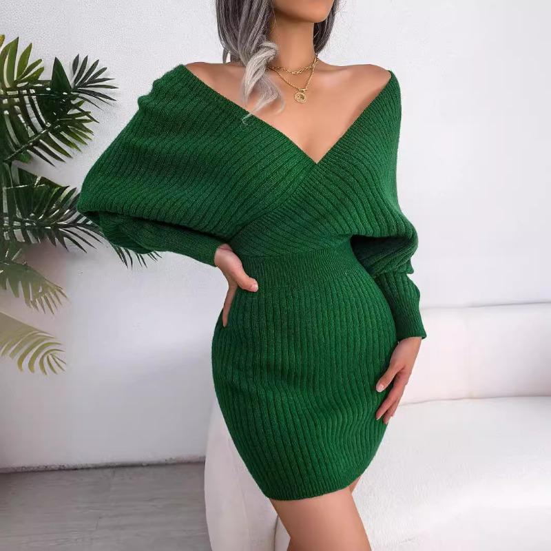 Женские платья-свитера с V-образным вырезом и перекрещивающимися бедрами на осень и зиму