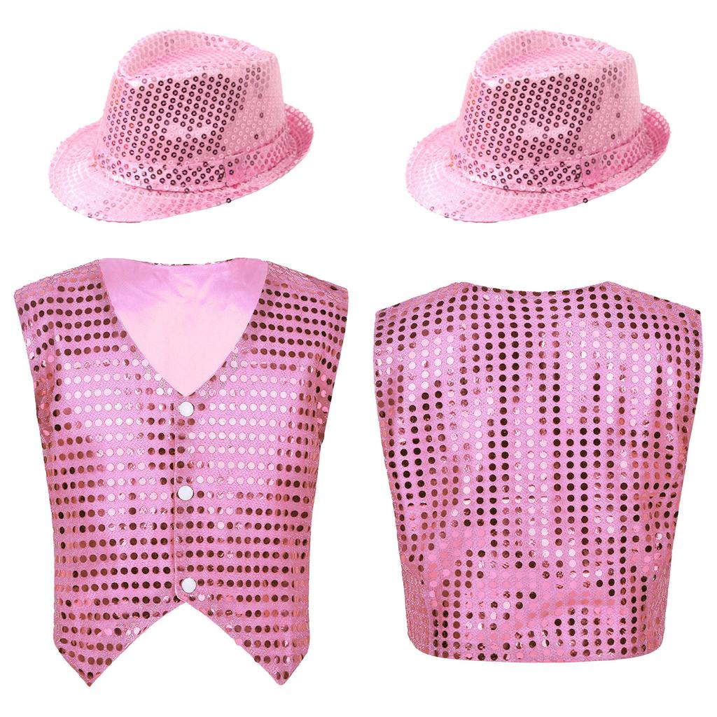 Kids Boys Glittery Sequined Waistcoat with Hat for Jazz Dance Stage Performance Costume