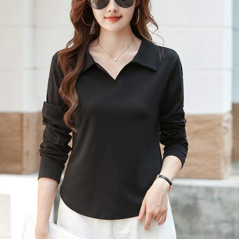 Women's Solid Color Long Sleeve T-Shirt with Turn-Down Collar and Curved Hem - Autumn 2025 Collection