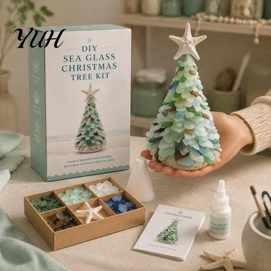 Ocean Inspired Holiday Ornaments DIY Sea Glass Christmas Tree Art Kit, 3D Coastal Xmas Craft Kit Beach Theme Home Decorations with Pieces, Handmade