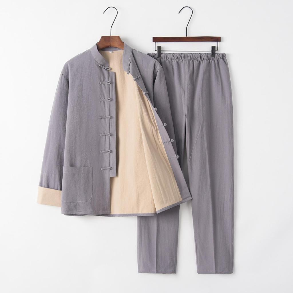 Men's Double-Layer Cotton Linen Tang Suit Set for Autumn/Winter: Zen Meditation & Tea Wear