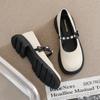 Thick-soled Mary Jane Shoes Women's French Bow Pearl Soft-soled Single Shoes Shallow Mouth Round Head Thick Heel Soft-soled Large-size Women's Shoes