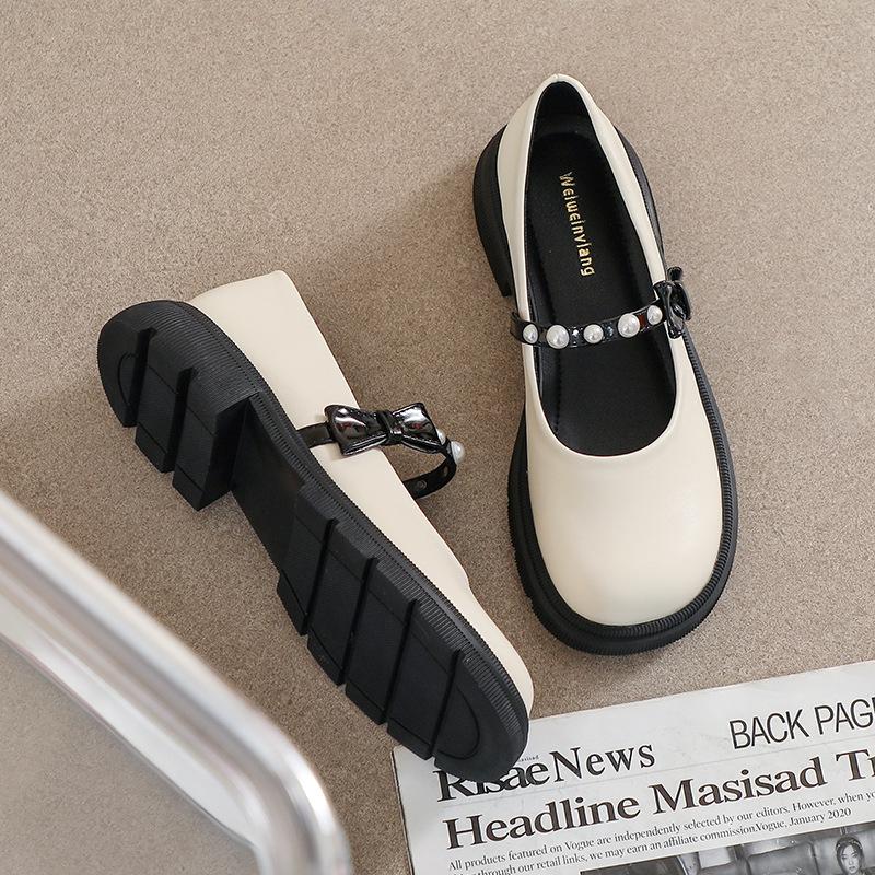 Thick-soled Mary Jane Shoes Women's French Bow Pearl Soft-soled Single Shoes Shallow Mouth Round Head Thick Heel Soft-soled Large-size Women's Shoes