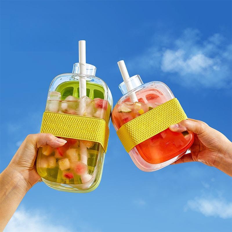 2 in 1 Ice Cube Mold Tray Bottle Cooler Cup with Straw Press-to-Release Silicone Tray for Freezer Ice Cube Bottle Cup for Summer