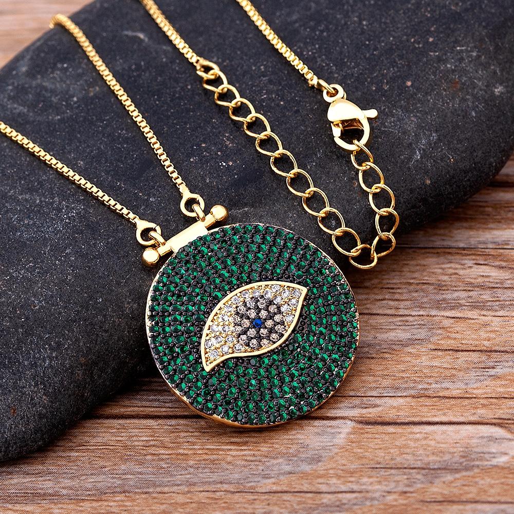 Classic Round Shape Cubic Zirconia Evil Eye Pendant Green/Purple Color Lucky Turkish CZ Necklace Copper Link Chain Jewelry Gift