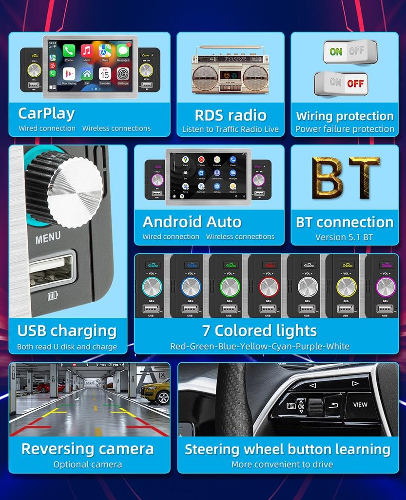 158 Вт 1Din автомобильный радиоприемник CarPlay Android Auto 5 дюймов MP5-плеер Bluetooth Hands Free A2DP USB FM-приемник аудиосистема