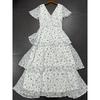Foreign Trade Pure Original White Fresh Small Floral Front and Back V-neck Multi-Layer Chiffon Texture Cake Dress Long Dress Women