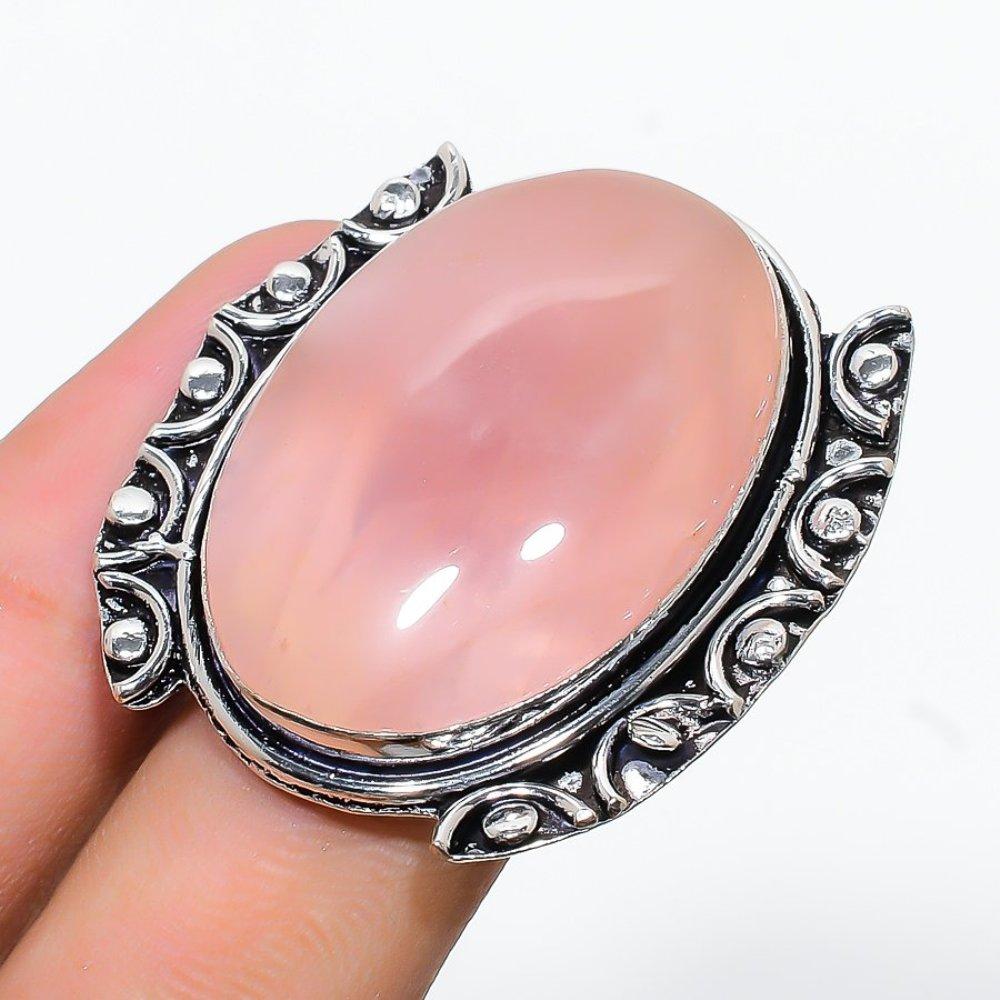 Rose Quartz Gemstone Handmade 925 Sterling Silver Jewelry Ring Size 8.5 O3N94