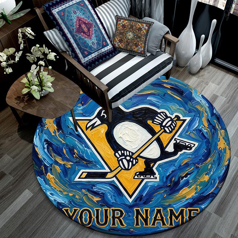 Custom Name Pittsburgh Penguins Round Area Rug,Carpet Rug for Living Room Bedroom Sofa Playroom Decor,Non-slip Floor Mat