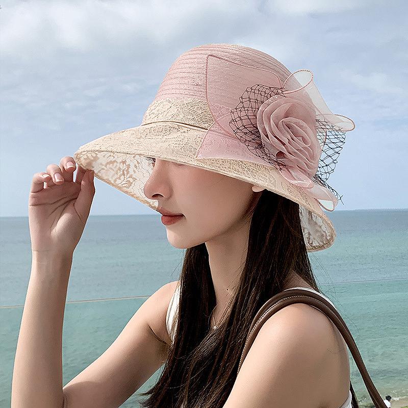 2025 Летняя женская элегантная шляпа из органзы с цветочным узором для бассейна, защита от солнца для путешествий, крутая шляпа рыбака