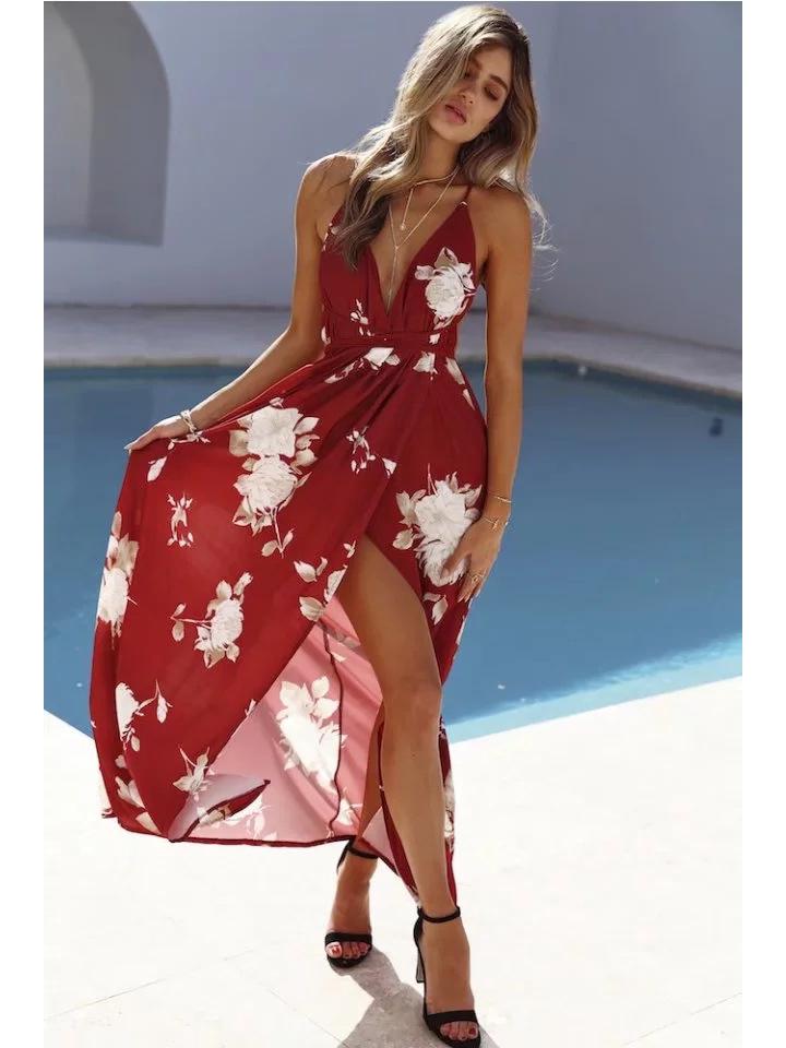 Bohemian Red V-Neck Backless Chiffon Holiday Dress
