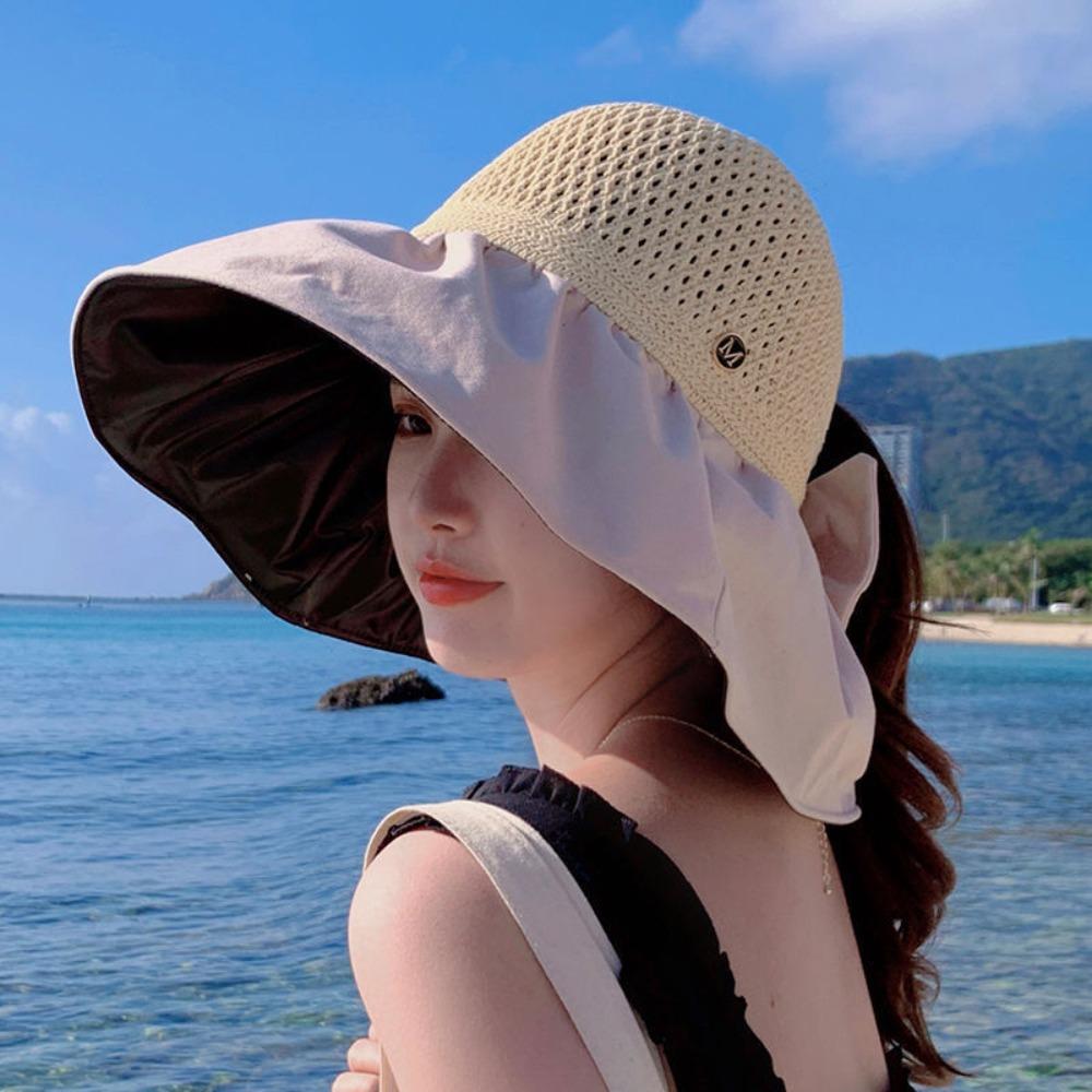 UV Protection Woven Empty Top Cap Sunscreen Vinyl Sun Hats Casual Wide Brim Bucket Hat Seaside