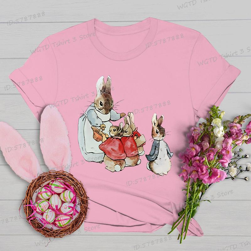 Retro Easter Bunny Tshirts Women Easter Bunny Shirt Gift for Women Vintage Easter Rabbit Tees Crew Neck Short Sleeve Tshirt