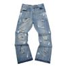 High-Quality Washed Denim Jeans Men Women Slim Flare Leg Black Blue Color Block Mid-Rise Cotton Blend
