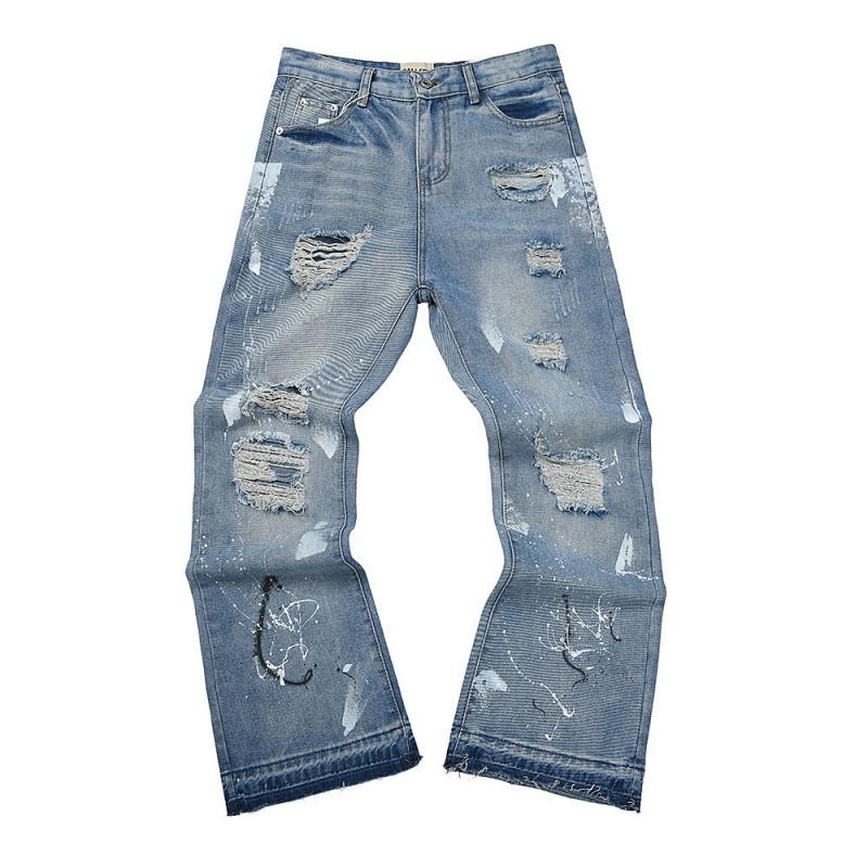 High-Quality Washed Denim Jeans Men Women Slim Flare Leg Black Blue Color Block Mid-Rise Cotton Blend
