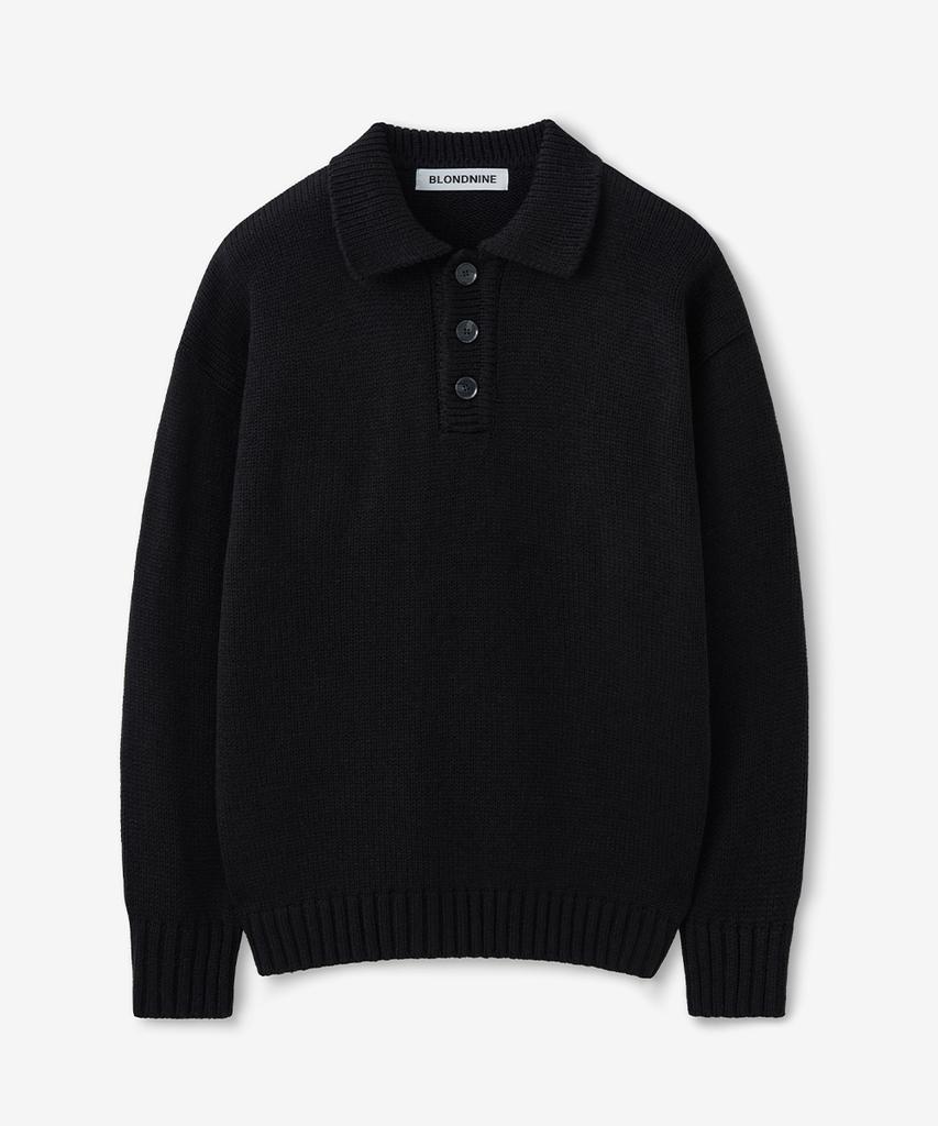 BLOND9 Bulky Polo Knit Top_Black