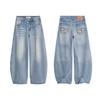 American retro pocket embroidered jeans women's autumn new loose high-waisted and thin versatile wide-leg floor-mopping trousers