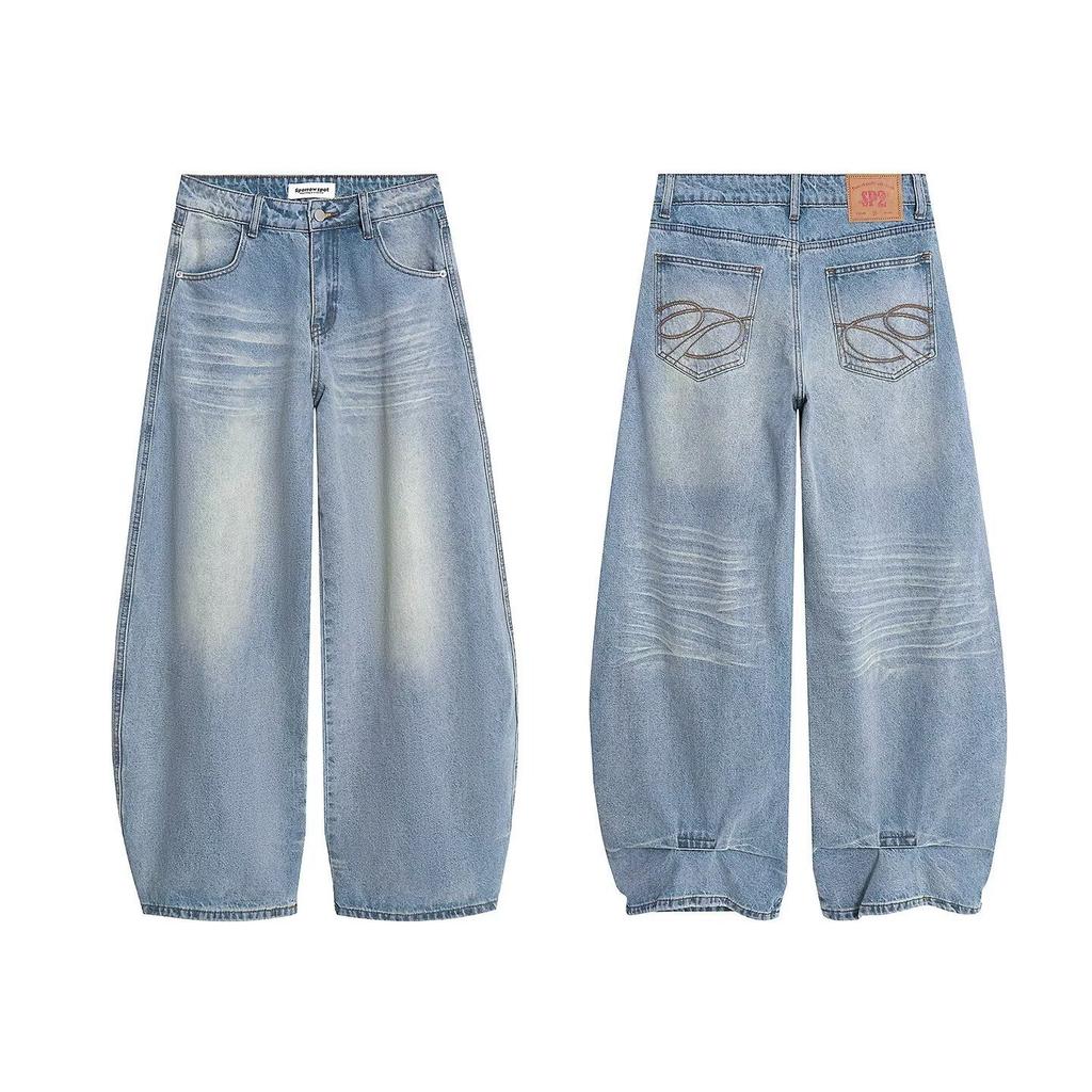 American retro pocket embroidered jeans women's autumn new loose high-waisted and thin versatile wide-leg floor-mopping trousers
