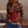 Women's Fashion Casual Slit Hem Round Neck Long Sleeve Loose Christmas Printed T-Shirt Ladies Top