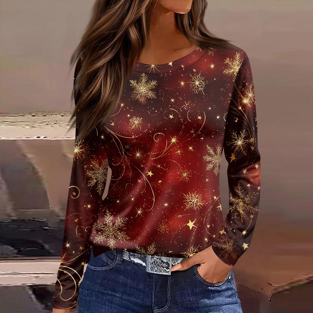 Women's Fashion Casual Slit Hem Round Neck Long Sleeve Loose Christmas Printed T-Shirt Ladies Top