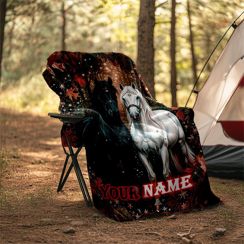 1PC Custom Name Horses Autumnal Forest flannel blanket versatile,all-season throw suitable for the living room,bedroom,camping,travel,and gift