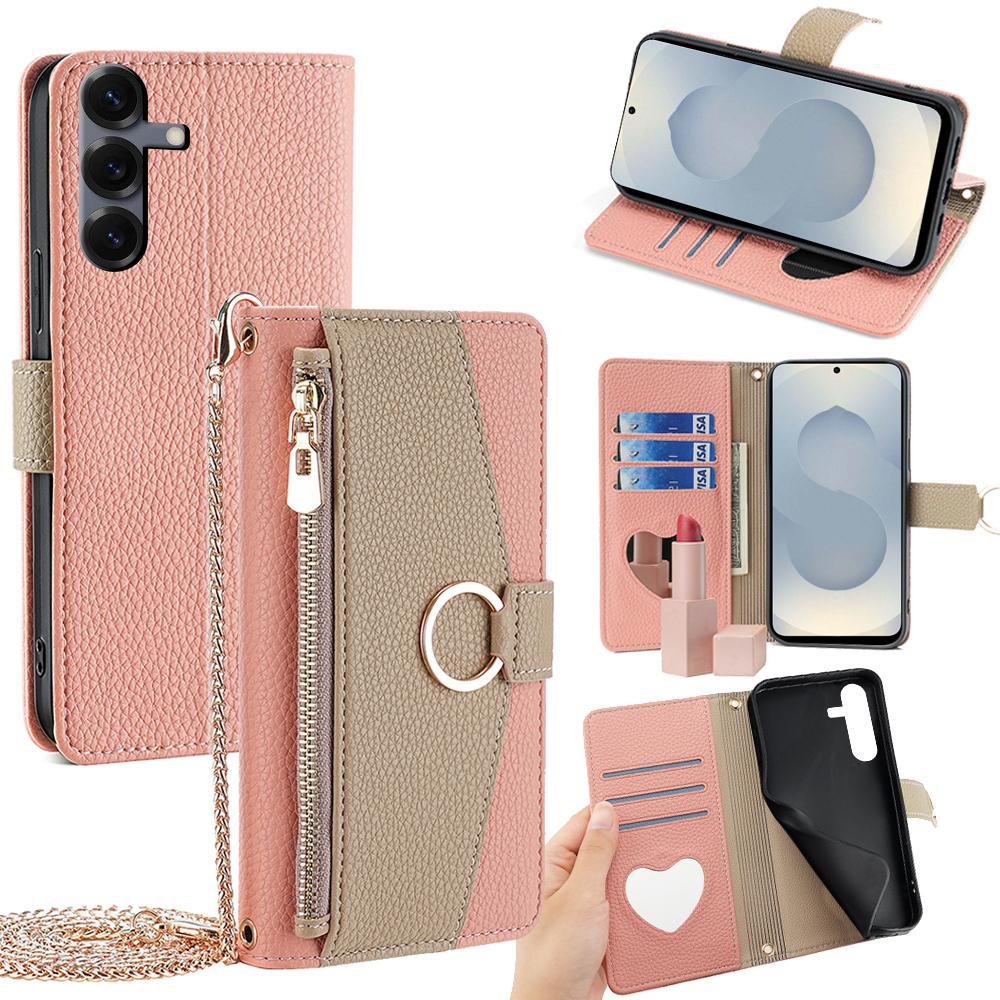 For Samsung Galaxy S25 Case Mirror Wallet Leather Phone Cover with Chain Shoulder Strap