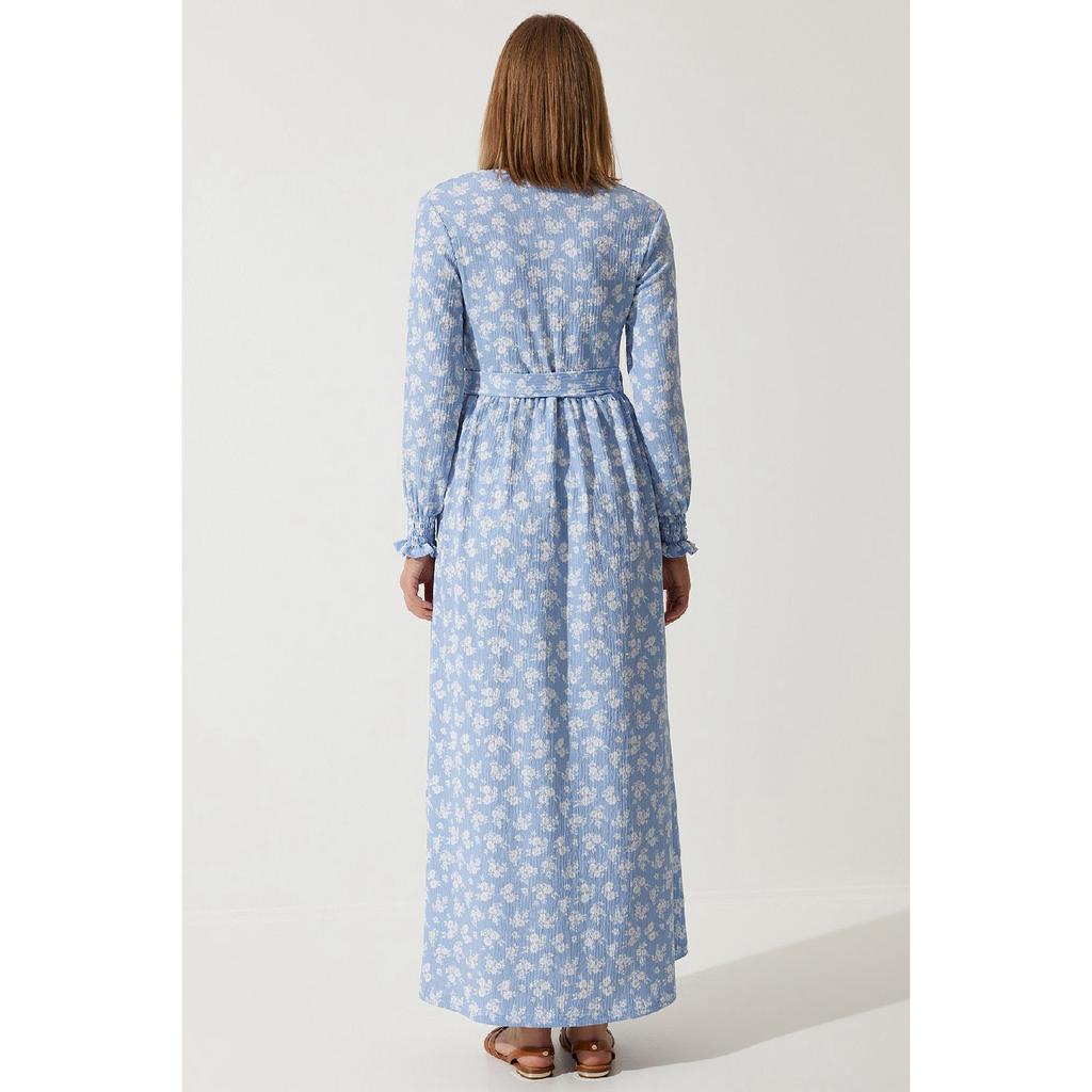 Women's Sky Blue Floral Summer Long Knitted Dress Dd01322