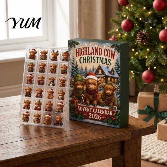 Acrylic Surprise Gift Boxes 2026 Highland Cow Christmas Advent Calendar, 24-Day Countdown Ornament Set with Interactive Family Activity Mini Figures,