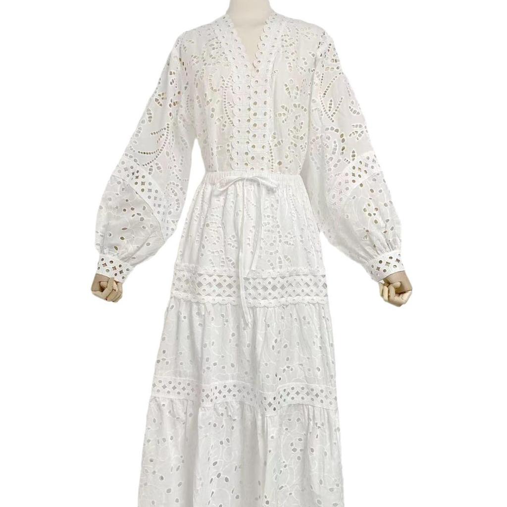 Комплект из топа с V-образным вырезом и рукавами-фонариками и ажурной юбки на резинке для женщин, осень 2023