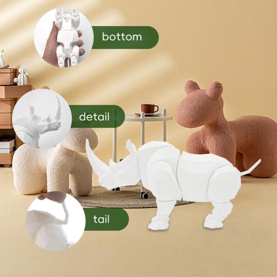Articulated Rhino Statue White Rhino Figurine with Flexible Joints Rhino Fidget Toy for DIY Coloring Home Office Car Decoration