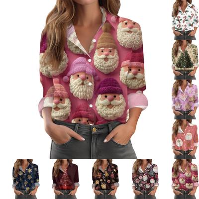 Женская повседневная рубашка с рождественским принтом, полуоткрытым воротником и длинными рукавами