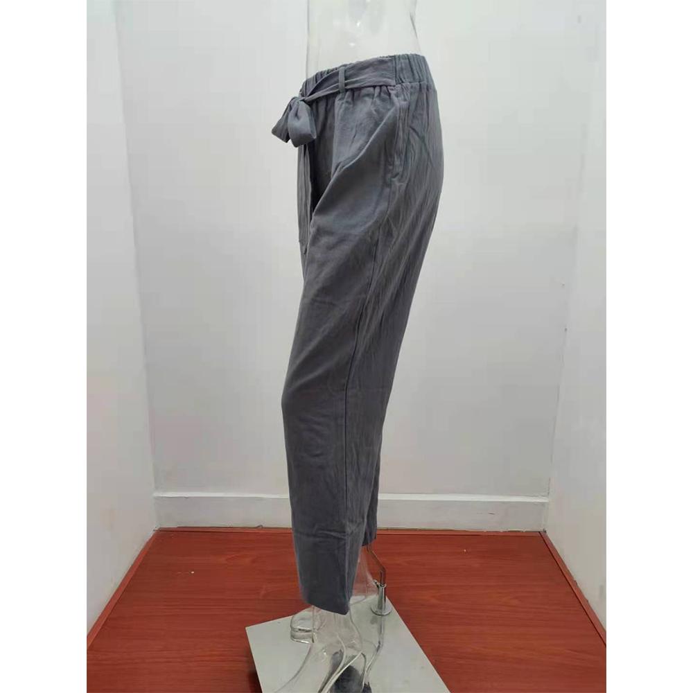 Женские льняные хлопковые брюки, осенние повседневные однотонные прямые брюки с эластичной резинкой на талии, свободные длинные брюки 2021