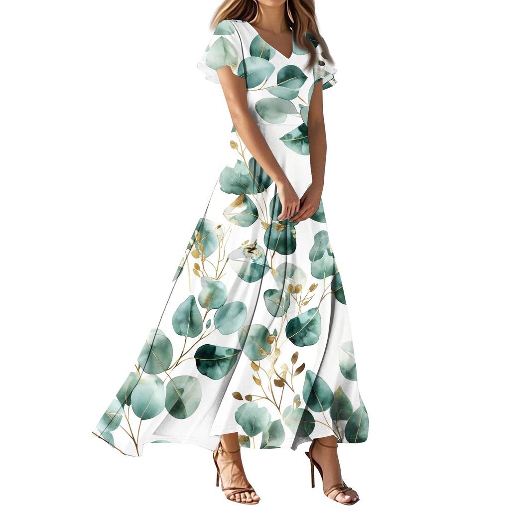 Женские повседневные модные длинные платья с принтом, платья с V-образным вырезом и коротким рукавом