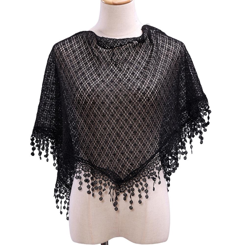 Breathable Tassels Lace Head Scarf Elegant Lace Flower Polyester Hollow Triangle Scarf Triangular Sequin Decor Scarf