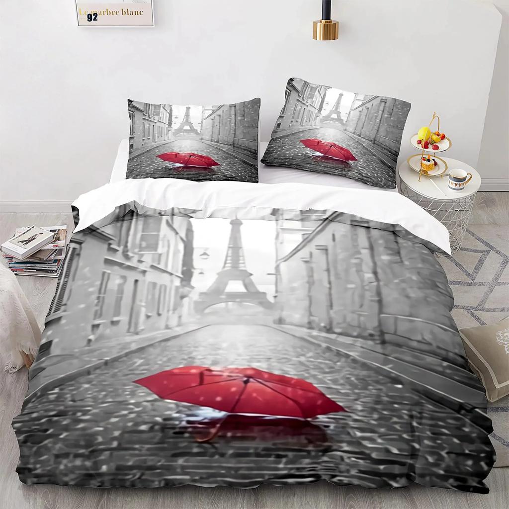 Eiffel Tower France Paris Bedding Set Boys Girls Twin Queen Size Retro Red Duvet Cover Pillowcase Bed Kids