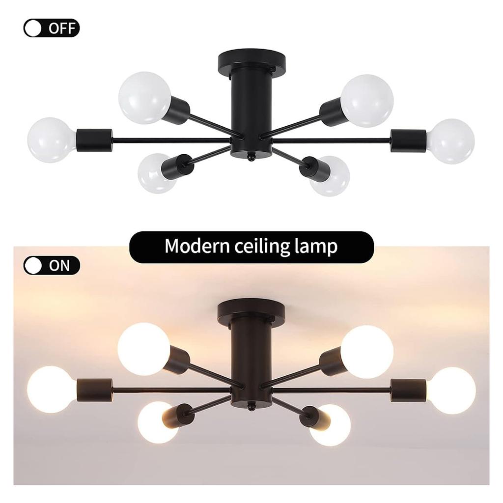6-Lights Modern Chandelier Ceiling Light Black Industrial Semi Flush Mount Celing Light Fixture for