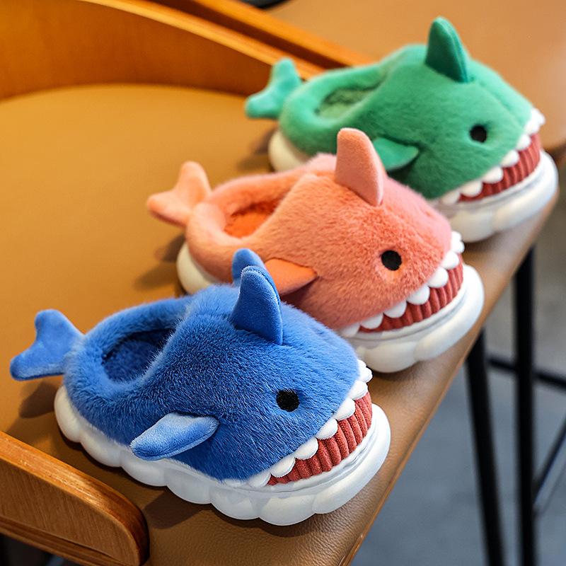Children's Cotton Slippers Boys and Girls Cute Cartoon Shark Slippers Autumn and Winter Home Indoor Baby Thick Bottom Slippers