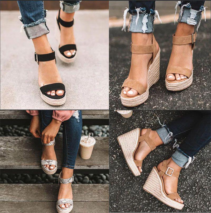 Elegant Summer Hemp Ladies Peep Toe Rope Wedge Sandals With Buckle Ankle Strap