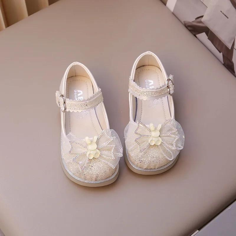Spring Autumn Children's Leather Shoes chic Sequins Girls Party Shoes Fashion Bowtie Rabbit Kid Princess Causal Dress Flat Shoes