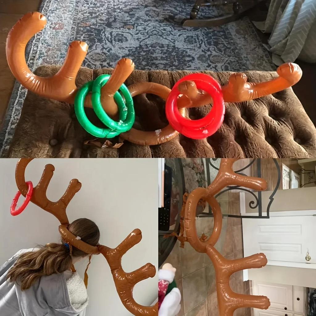 Christmas Game Inflatable Reindeer Antler Hat Ring Toss Game for Kids Adults Entertainment Props Xmas Decor Party Supplies Gift