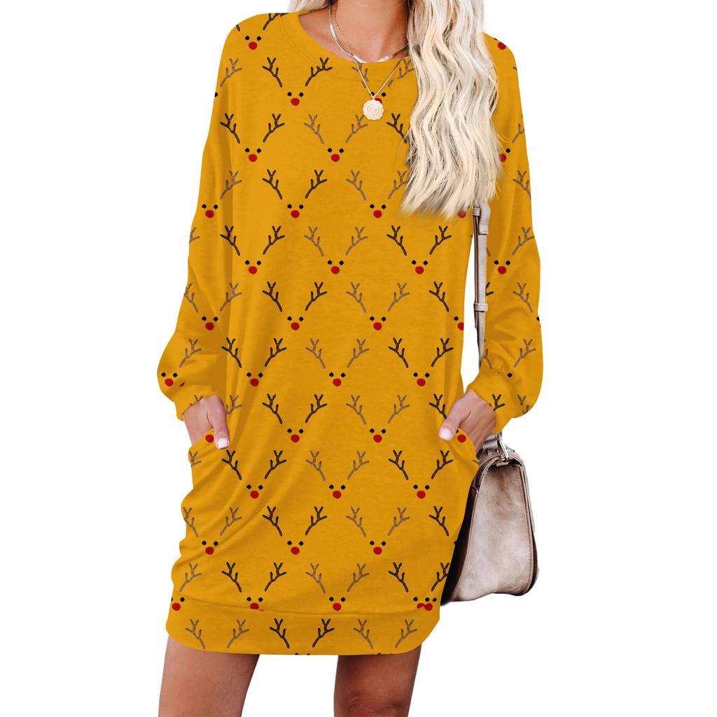 Женское модное платье с ретро-принтом, с длинным рукавом, круглым вырезом и карманом