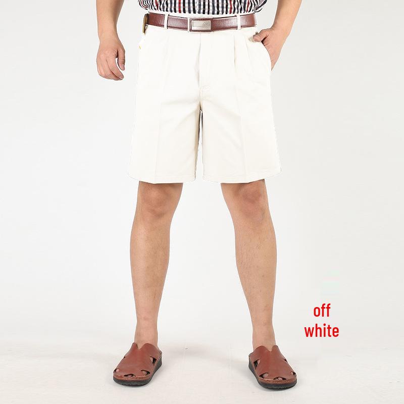 Мужские летние шорты из чистого хлопка с высокой посадкой, свободного кроя - с двойными складками, средней длины, повседневная одежда для мужчин среднего и пожилого возраста.