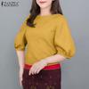 Women Casual Round Neck Solid Color 3/4 Sleeve Blouse