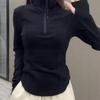 Autumn 2025 Women's Slimming Half-Zip Stand Collar Long Sleeve Black T-Shirt, Korean Style