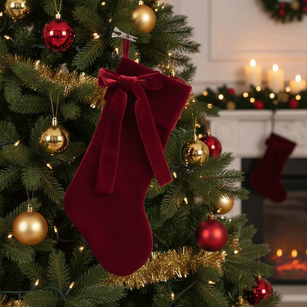 Solid Color Velvet Christmas Stocking with Bow Fireplace Hanging Sock Christmas Gift Bag New Year