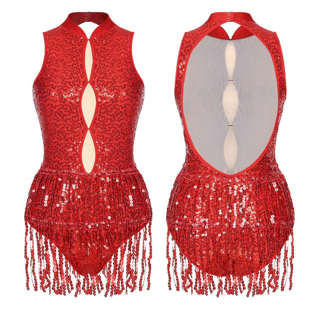 Women's Shiny Sequins Tassel Latin Jazz Dance Leotard Backless Fringed Bodysuit Lyrical Dance Costume