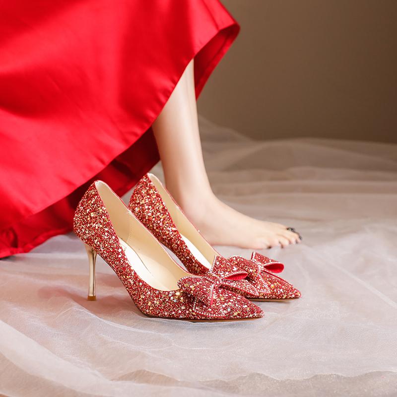 Shiny Sequins High Heels Pumps Women 2024 New Crystal Bowtie Thin Heeled Wedding Party Shoes Woman Luxury Pointed Toe Red Pumps