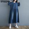 Свободное весеннее синее джинсовое платье с длинным рукавом, женские повседневные винтажные однотонные универсальные длинные платья с круглым вырезом, уличная одежда