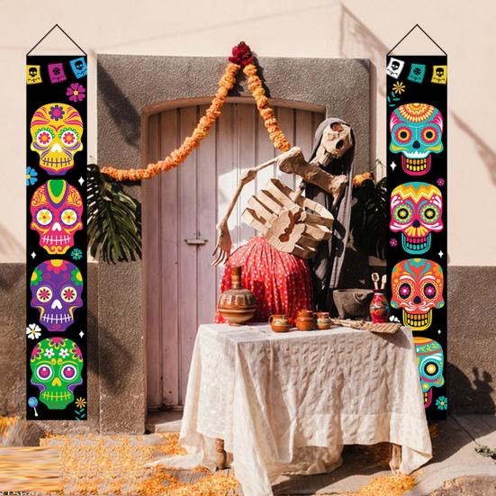 1 Pair Halloween Banner Spooky Skull Pattern Halloween Door Couplets Festival Flag for Home Party Decoration